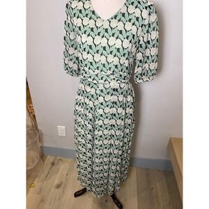 SweetSalt Green White Floral Tulip Maxi Dress V-Neck Puff Sleeve Sz S
